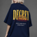 Navy T-shirt with yellow Degrey logo, loose fit, Athlete style - OVSATHNAYE