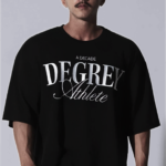 Black T-shirt with embroidered Degrey DECADE logo in WHITE, loose fit Athlete style - OVSDECADE